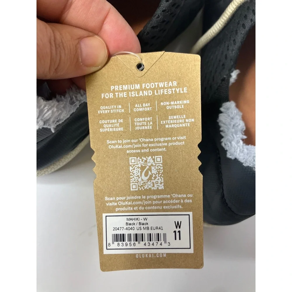 OluKai Mahiki Shoes Womens 11 Black New Quilted Faux Shearling Slip On Sneaker
